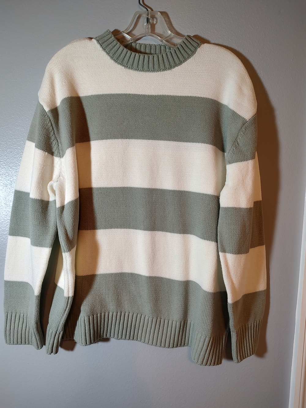 Women's Striped Crewneck Sweater in Sage Green and Cream